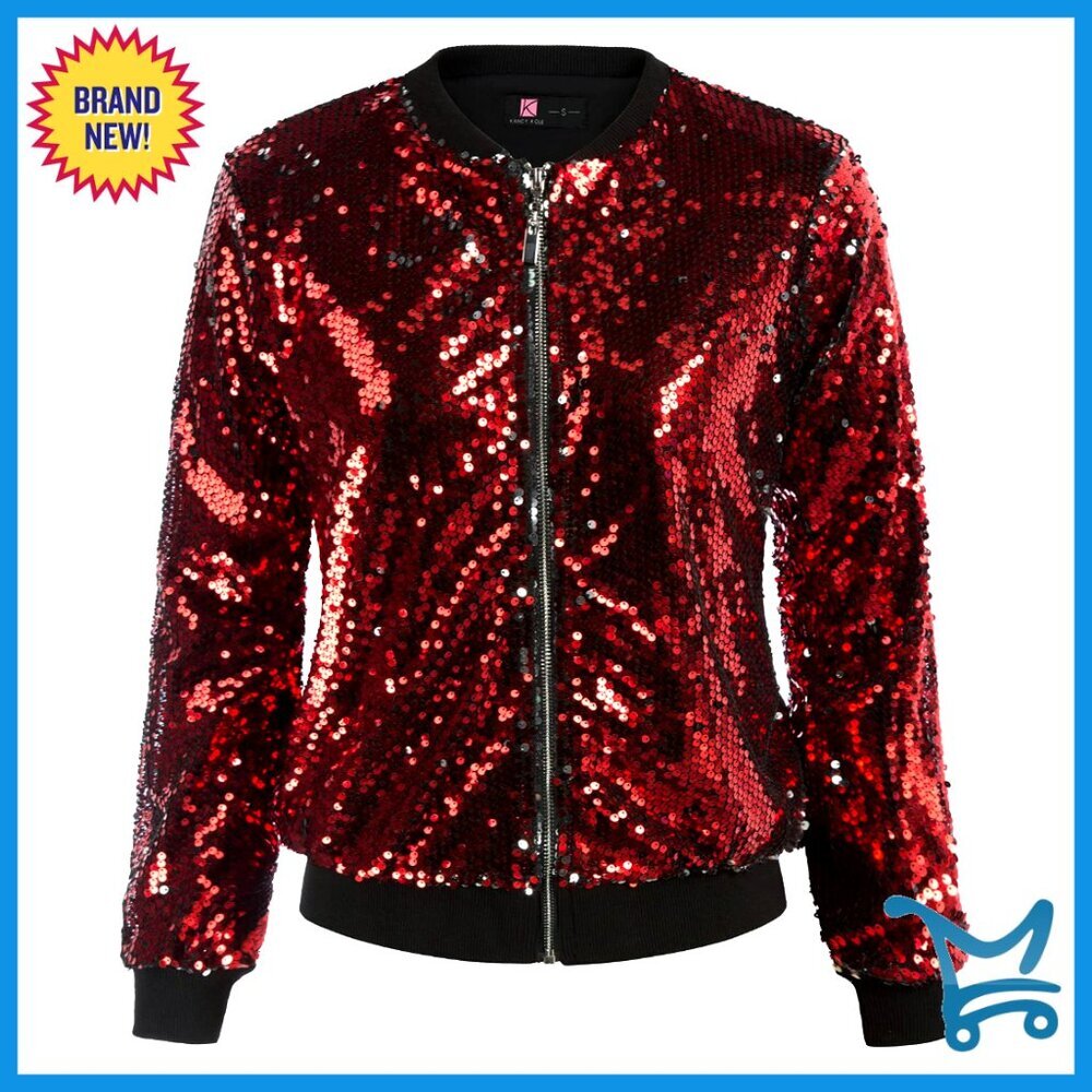 Sequin Bomber Jacket with Pockets, Long Sleeve Front Zip Blazer S-2XL